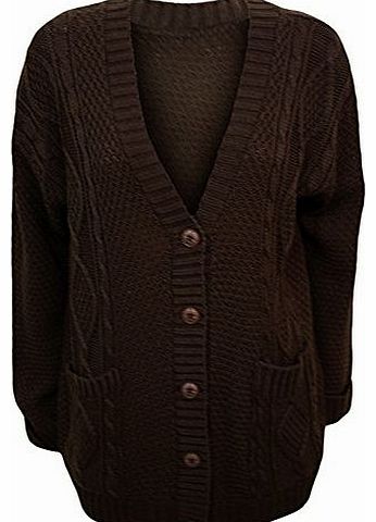 Womens Cable Knitted Button Cardigan Long Sleeve Ladies Boyfriend Top - Dark Brown - 8/10