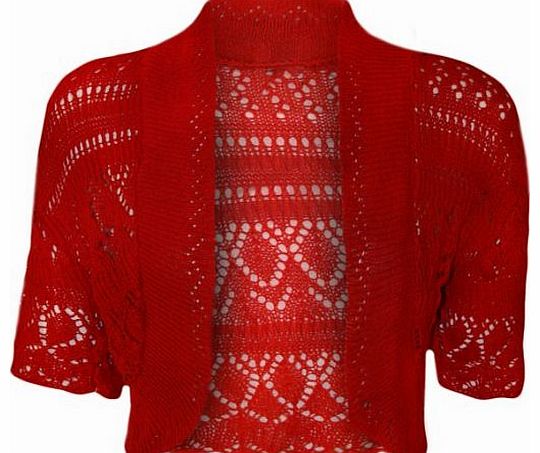 WearAll Womens Crochet Knitted Short Sleeve Ladies Bolero Cardigan Top Shrug - Red - 16-18