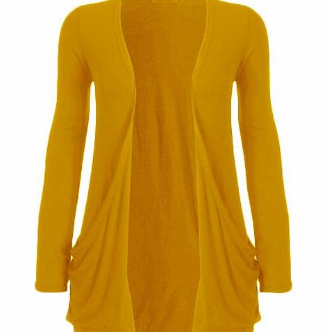 WearAll Womens New Plain Drop Pocket Long Sleeve Open Cardigan Ladies Top Mustard 12/14