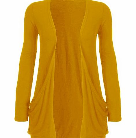 WearAll Womens New Plain Drop Pocket Long Sleeve Open Cardigan Ladies Top Mustard 12/14