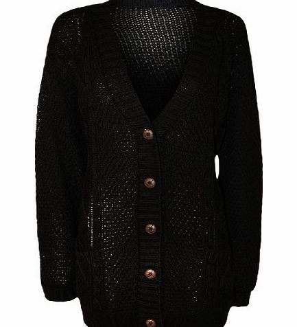 Womens Plus Size Button Long Sleeve Ladies Cable Knitted Cardigan - Black - 20-22