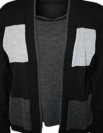 WearAll Womens Plus Size Colour Block Stripe Ladies Insert Knitted Cardigan Top - Black Grey - 16-18