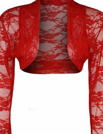 WearAll Womens Plus Size Lace Long Sleeve Ladies Shrug Bolero Cropped Cardigan Top - Red - 16-18