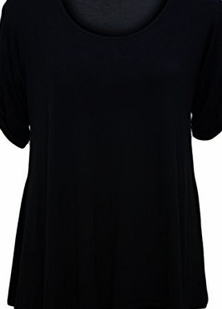 Womens Plus Size Scoop Neck Short Sleeve Flared Ladies Long Plain Top - Black - 16