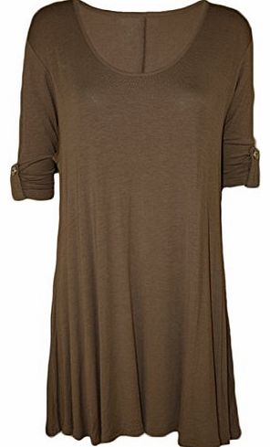Womens Plus Size Scoop Neck Short Sleeve Flared Ladies Long Plain Top - Mocha - 20
