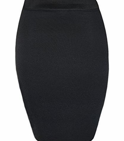 WearAll Womens Stretch Short Plain Ladies Casual Work Office Elasticated Knee Skirt - Black - 12-14