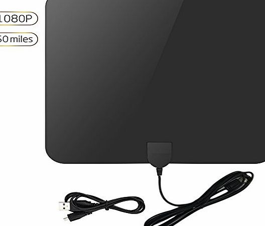 Webetop 50miles 1080P 0.6mm Slim Indoor HDTV Amplified Antenna w/ Detachable Amplifier Signal Booster amp; 12.86ft Long Cable for Better Reception (Support VHF/UHF), Black