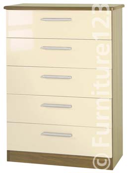 Welcome Furniture Hatherley High Gloss 5 Drawer Chest in Oak and