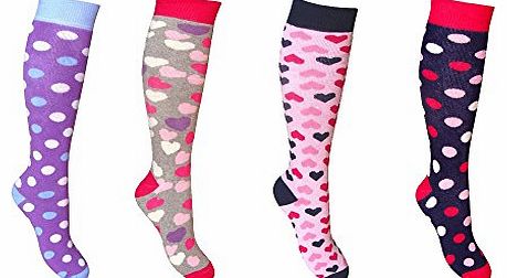 WELLYSOX 4 Pairs Girls Long thick Winter Welly Socks (UK 9-12, Spots and Hearts)
