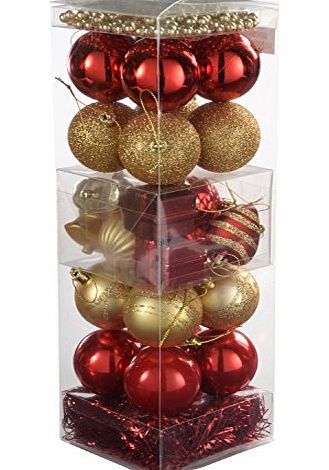 WeRChristmas 28-Piece Deluxe Variety Christmas Tree Baubles Decoration Pack with Tinsel and Beads, Pink/ Purple/ Silver/ Fuchsia