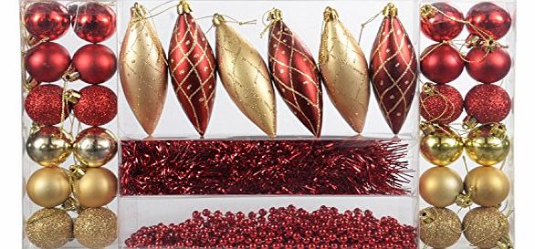 WeRChristmas 32-Piece Deluxe Variety Christmas Tree Baubles Decoration Pack with Tinsel and Beads, Red/ Gold