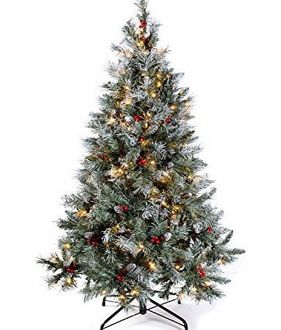 5 ft/ 1.5 m Pre-Lit Scandinavian Blue Spruce Pine Cone and Berry Christmas Tree with 200 Warm White LED Lights/ 8 Setting Controller/ Easy Build Hinged Branches