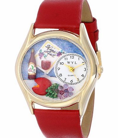 Whimsical Watches Wine and Cheese Red Leather and Goldtone Unisex Quartz Watch with White Dial Analogue Display and Multicolour Leather Strap C-0310004