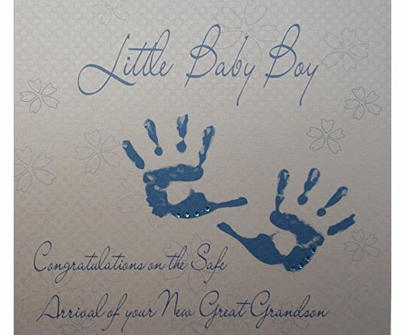 WHITE COTTON CARDS  Little Baby Boy Congratulations on the Safe arrival of Your New Great Grandson Handmade Card Blue Hands