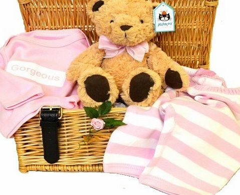 Wickers Gift Baskets Baby Girl Hamper- Willow Baby Hamper with Beautiful Cotton Clothes and a Cuddly Teddy. Unique Hampers from Wickers
