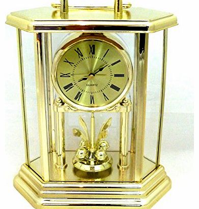 Gold Effect Colour 8`` Mantel Clock Hexagonal with Revolving Pendulum and Roman Face