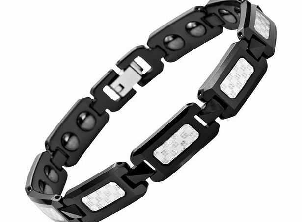 Willis Judd Mens Black Polished Tungsten Magnetic Bracelet with Silver Carbon Fibre In Free Black Velvet Gift Box   Free Link Removal Tool