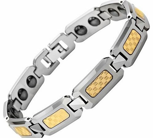 Mens Polished Tungsten Magnetic Bracelet with Gold Carbon Fibre In Free Black Velvet Gift Box