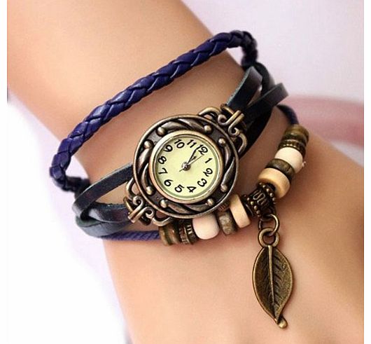 WM KING Retro Weave Wrap Around Leather Bracelet Lady Wrist Watch Quartz Watch (blue)