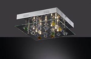 Wofi Lighting Arkansas Chrome Square Ceiling Light With Amber, Green And Blue Glass Detail