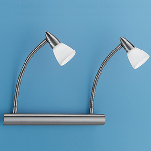 Wofi Lighting Cento Modern Wall Light In Nickel Matt With 2 Flexible Spotlights With White Glass Shades
