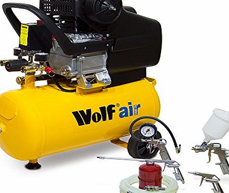 Wolf Air Sioux 24 Litre 2.5HP Induction Motor, 9.5CFM 116psi Air Compressor complete with 5pc Kit includes: 5m Air hose, Gravity feed spray gun, Tyre Inflator, Long nozzle sprayer/degreasing gun and B