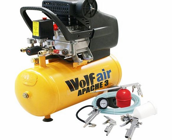Wolf Apache 3 24 Litre, 2HP, 7.4CFM, 230v, MWP 116psi Air Compressor   5 Piece Air Tool Kit which Includes: 5m Air Hose, Gravity Feed Spray Gun, Tyre Inflator, Long Nozzle Sprayer / Degreasing Gun and