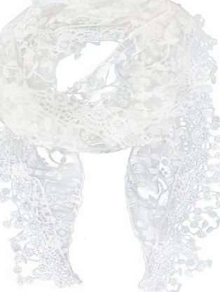 Womdee Lace Tassel Burntout Floral Print Triangle Scarf Shawl (White) With Womdee Accessory