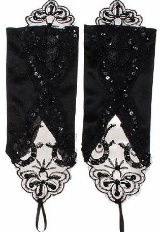 TM) 1 Pair Satin Sexy Elbow Length Fingerless Lace Pearl Bridal Gloves For Wedding Party-Black With Womdee Accessory Necklace