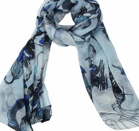 Womdee TM) Fashion Begonia Flower Ink Style Soft Voile Scarves Wrap,Light Blue With Womdee Accessory