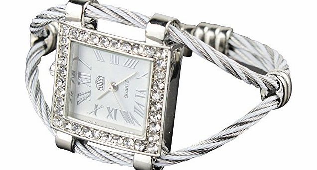 Womdee TM) Fashion Stylish Lady Women Girl Roman Numerals Dial Square Bracelet Wrist Watch-White With Womdee Accessory Necklace