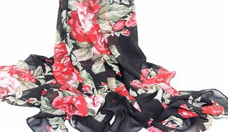 Womdee TM) Ladies Fashion Style Soft Chiffon Peony Flower Print Scarf Wrap-Black amp; Red With Womdee Accessory