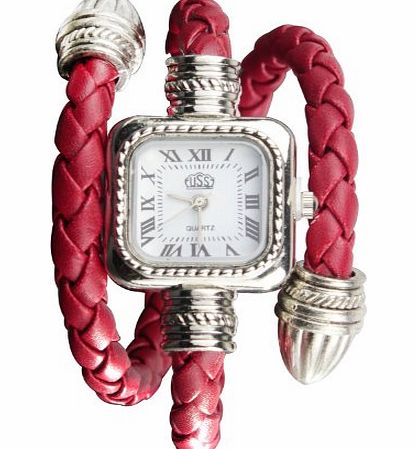 TM) Stylish Elegant Faux Leather Rope Knitting Women Ladies Bracelet Watch-Red&Silver With Womdee Accessory Necklace