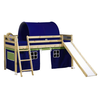 wooden Mid Sleeper Bed Frame with Slide and Blue Tent
