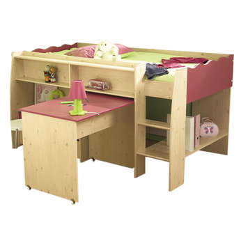 wooden Mid Sleeper Bed with Desk - Pink and White