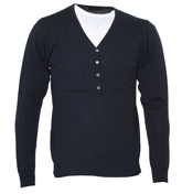 Navy V-Neck Buttoned Sweater