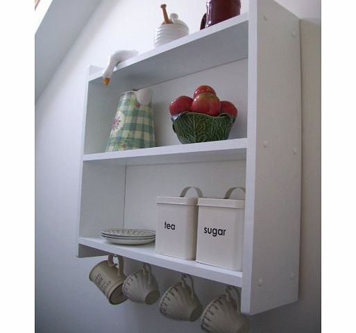 woodiquechic 60cm White Shelving Unit with Cup Hooks, Kitchen Shelves, Bedroom Shelves, Bathroom Shelves, Spice Rack, Bookcase.