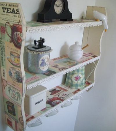 woodiquechic 70cm Vintage Shabby Chic Cream Tea Time Kitchen Shelves with Lace amp; Cup Hooks, Bathroom Shelves, Bedroom Shelves, Shelf, Furniture, Bookcase
