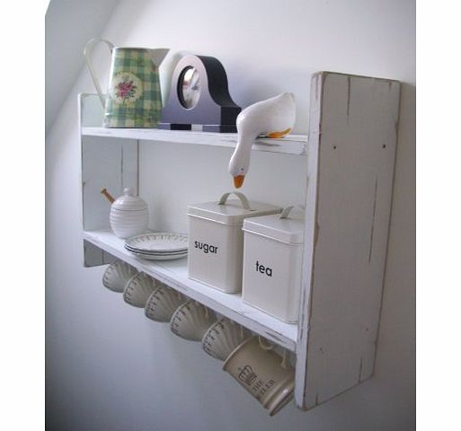 Large Wide 74cm White Shabby Chic Shelving Unit With Cup Hooks Shabby Chic Shelves, Furniture, Shelf, Bookcase, Kitchen, Bathroom, Bedroom Shelves