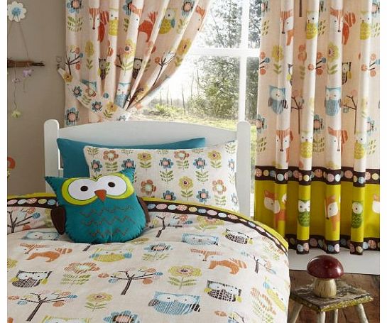 WOODLAND CREATURES OWLS LUXURY FULLY LINED CURTAINS SET 66`` X 72`` MATCHES DUVET