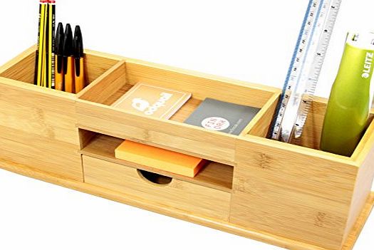 Woodquail Desk Tidy with Drawer, Wide Stationery Organiser 5 Compartments. Made of Natural Bamboo