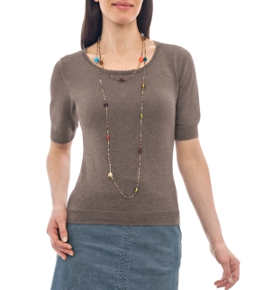 Womens Brown Silk and Cotton Scoop Neck T-Shirt