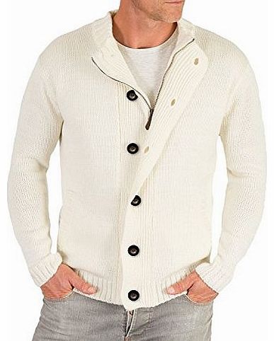 Wool Overs British Wool Mens Zip and Button Chunky Cardigan Cream Medium