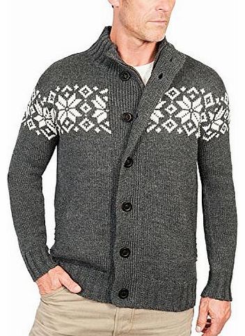 Wool Overs Mens British Wool Zip & Button Nordic Cardigan Charcoal/Cream Large