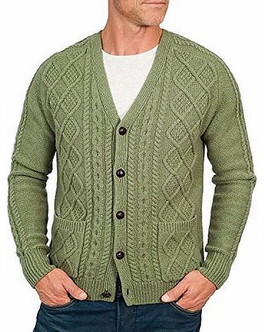 Wool Overs Mens Lambswool Cable V Neck Cardigan Sage Large