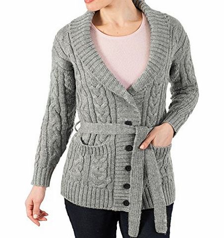 Woolovers Wool Overs Womens British Wool Aran Belted Cable Cardigan Flannel Grey Extra Large