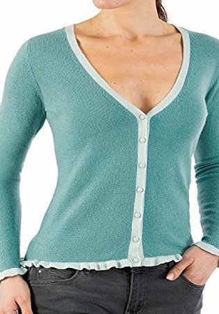 Woolovers Wool Overs Womens Cashmere amp; Merino Trimmed Frilly Edged V Neck Cardigan Soft Turq/Cool Mint Small