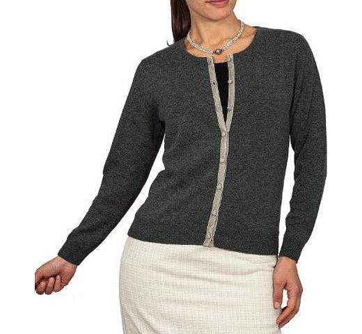 Woolovers Wool Overs Womens Cashmere amp; Merino Trimmed Timeless Crew Cardigan Charcoal/Flannel Medium