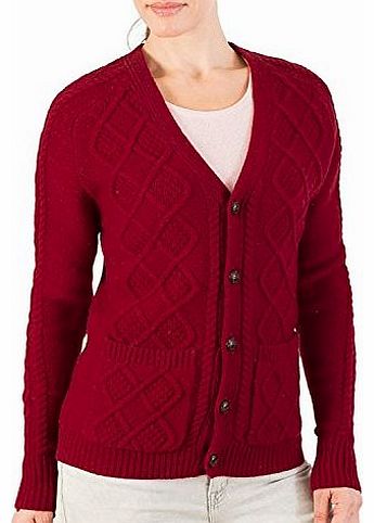 Wool Overs Womens Lambswool Cable V Neck Christmas Cardigan Wine Medium