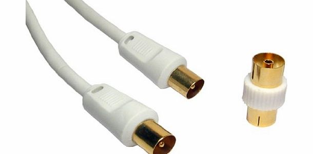 World of Data 1.8m Coax Cable - 24k Gold Plated - Male to Male (M-M) - FREE Female to Female (F-F) Coupler Included - White Colour - Antenna - TV - Satellite - Lead - Extension